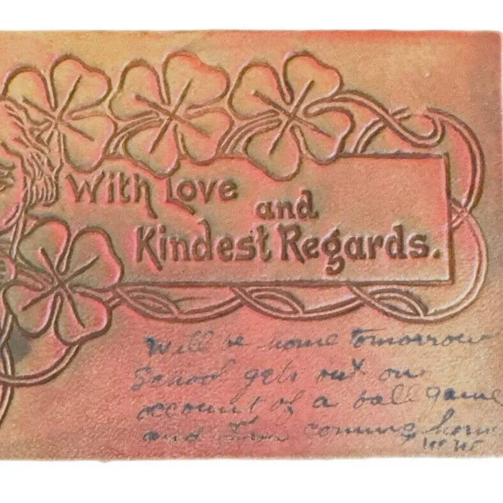 Antique Ephemera 1907 Leather Postcard Valentine 4 Leaf Clovers Celtic Posted